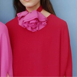 NWT Bernadette Eleonore Cape Dress Maxi Long Red with Hot Pink Flower